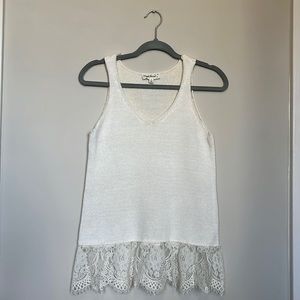 White Knit Tank Top with Lace Details